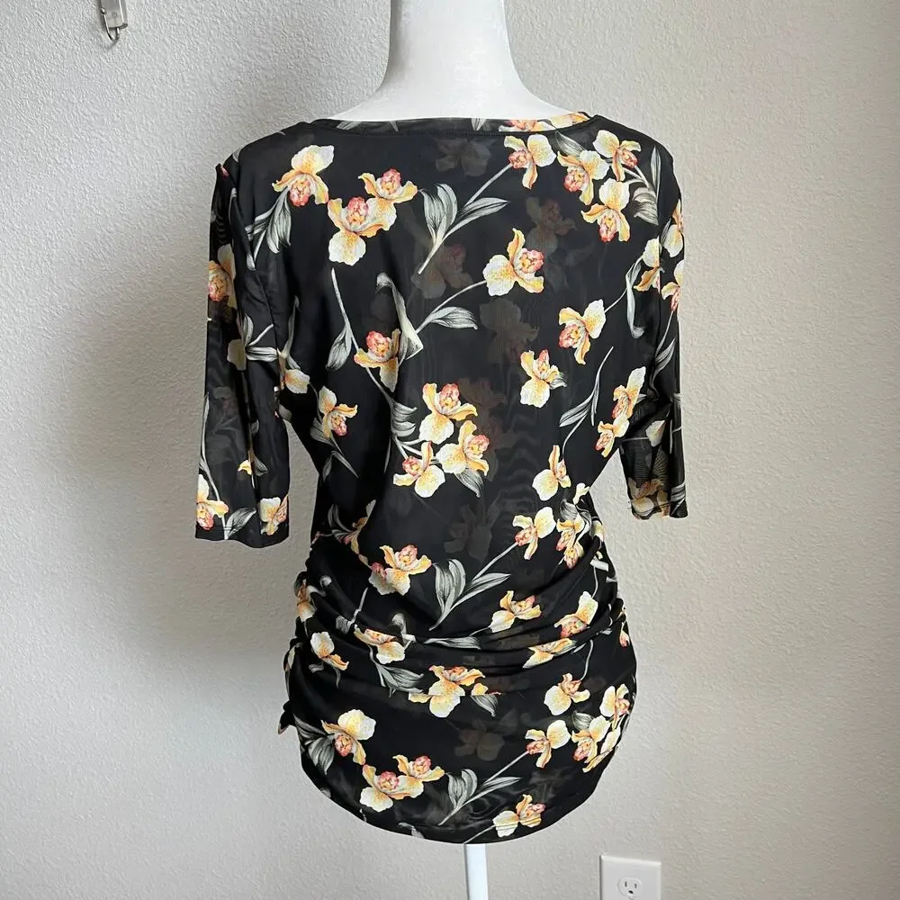 White House Black Market Black Floral Ruched Side Top Women's L Sheer Mesh Layer - Picture 5 of 8